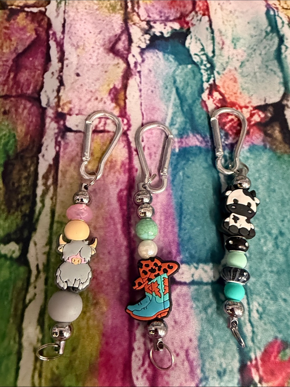 Beaded Key & Card Holder Clip with Pastel Charms - Cow, Boot, and Lamb Designs